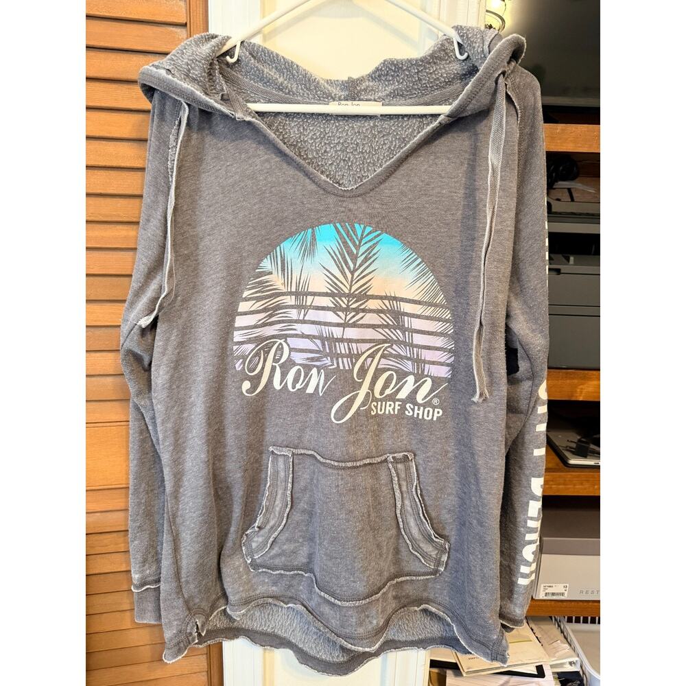 Vintage ron jon surf shop pull over hoodie tropical distressed v-neck Large